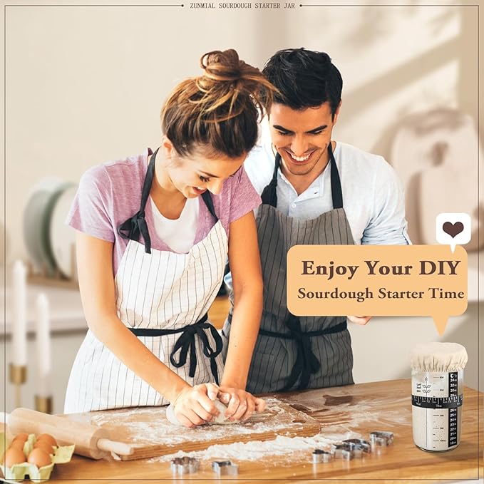 Sourdough Starter Jar, Sourdough Starter Kit with Date Marked Feeding Band, Thermometer, Cloth Cover & Metal Lid, Reusable Sourdough Bread Baking Supplies, Home Baking Supplies