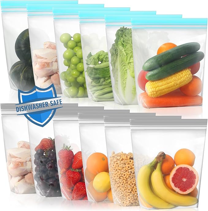 Lerine 12 Pack Reusable Gallon Freezer Bags Dishwasher Microwave Safe, Stand Up Reusable Freezer Bags 1 Gallon BPA Free, Leakproof Food Storage Bags for Meal Prep, Kitchen Organization