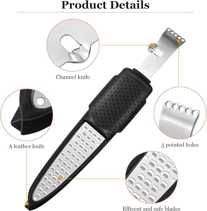 Lemon Zester Tool 4-in-1 with Channel Knife, Grater, Peeler & Stripper, Stainless Steel Citrus Zester for Kitchen, Cheese, Vegetables, Dishwasher Safe
