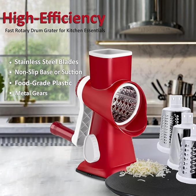 Chef Power 5 in 1 Rotatory Cheese Grater - Premium Quality Hand Cheese Grater With Handle - Food Chopper for Kitchen – (Red & White)