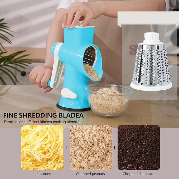 Rotary Cheese Grater with Handle-Versatile Cheese Grater Non-Slip Suction Base,Cheese Shredder & Food Slicer for Cheese,Carrots, Cucumbers,Nuts-Compact & Easy Clean Kitchen Kitchen Tool (dark blue)