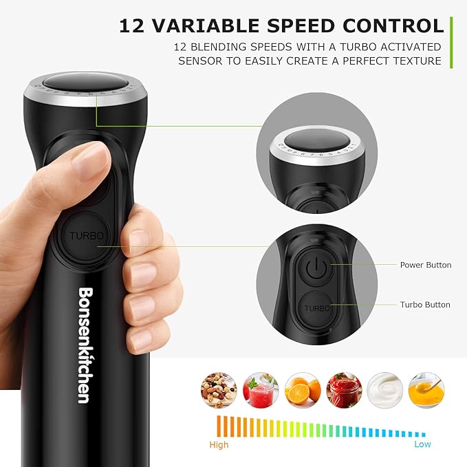Bonsenkitchen Immersion Blender Handheld, 12-Speed and Turbo Hand Blender Electric with Sharp Blades, 3-In-1 Hand Held Stick Blender with Egg Whisk, 24oz Beaker for Soups, Smoothies, Sauce