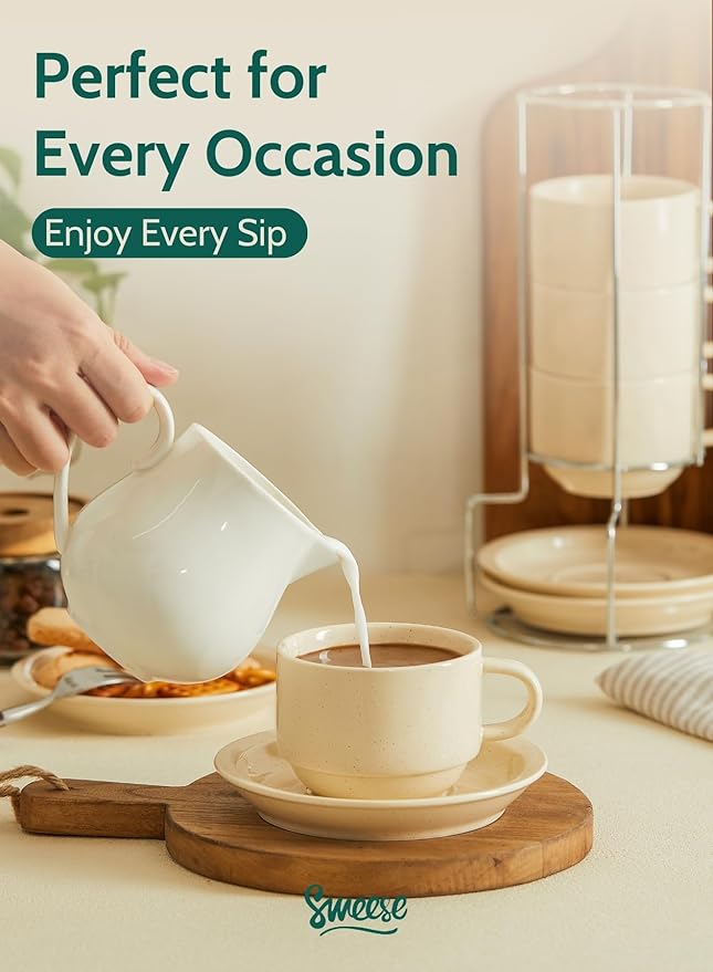 Sweese 8oz Porcelain Cappuccino Cups Set with Saucers, Metal Stand - Stackable, Durable for Coffee, Latte, Tea - Beige, 4 Pack