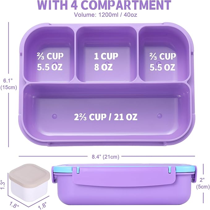 Bento Box for Kids Girls Boys, Bento Box Adult Lunch Box with 4 Compartments, Lunch Containers with Utensils, Sauce Jar, Muffin Liners for School, 40 Oz/5 Cup, Purple