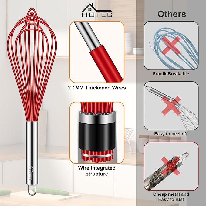HOTEC 4 Pieces Silicone Whisks Set, Wire Balloon Whisks Egg Beater, Non-slip Handle Whisk for Non-stick Cookware Perfect for Cooking, Stirring, Beating and Blending (Red)