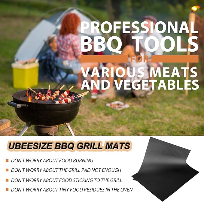 UBeesize Grill Mats for Outdoor Grill Set of 6 - Heavy Duty Non-Stick BBQ Grilling Mat & Oven Liner, Reusable, Easy to Clean - Works on Oven, Gas, Charcoal, and Electric BBQ - 15.75 x 13 Inch