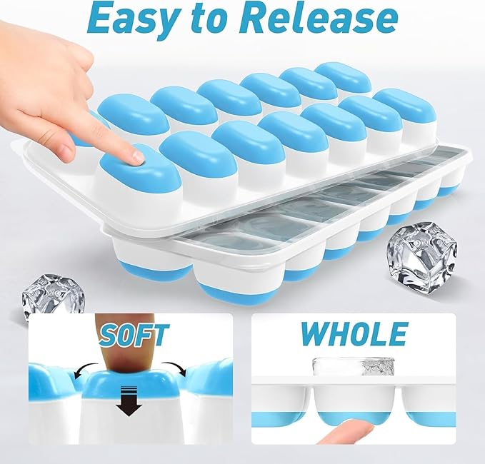 Ice Cube Tray with Lid, 2 Packs 28 Cubes Durable Stackable Ice Cube Trays for Freezer with Removable Lids, Easy-Release Plastic & Silicone Ice Tray for Cocktail, Coffee