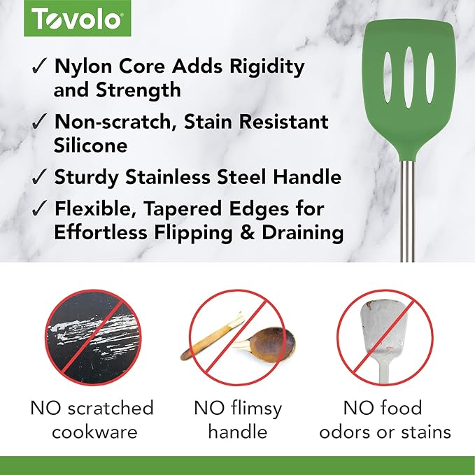 Tovolo Silicone Slotted Turner With Stainless Steel Handle, Pancake Spatula, Scratch-Resistant Kitchen Utensil for Nonstick Cookware & Cast Iron Skillets, Pesto, 1 Count