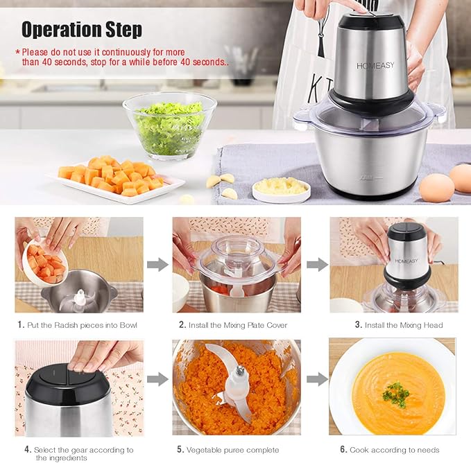 Meat Grinder Electric, Food Processor 2L Stainless Steel Meat Blender Food Chopper for Meat, Vegetables, Fruits and Nuts with 4 Sharp Blades, 350W, 8 Cups