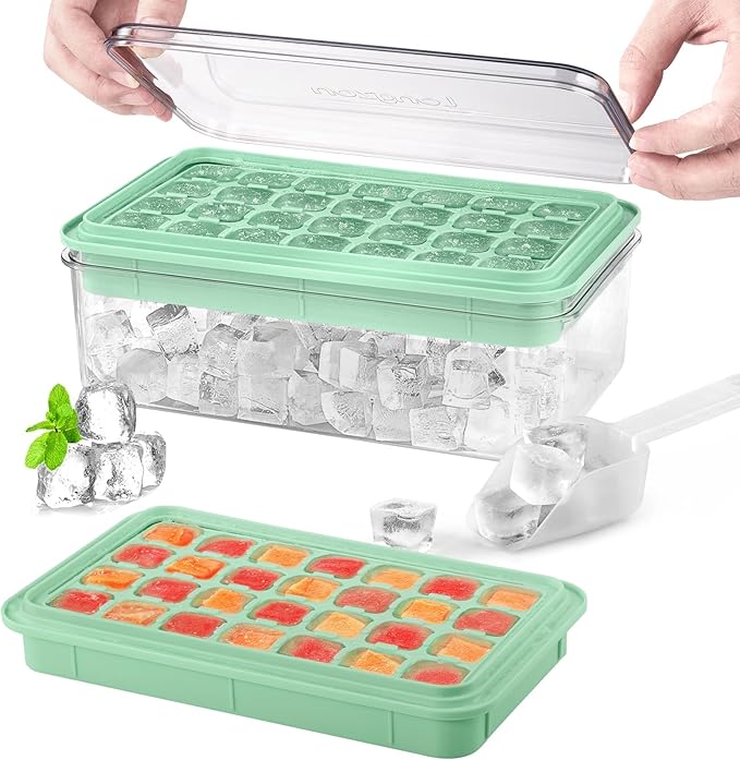 Longzon Ice Cube Tray with Lid and Bin, 56 Pcs Ice Cube Trays for Freezer, Ice Cube Mold, Ice Molds Spill-Resistant Removable Lid & Ice Scoop, Ice Mold for Whiskey Cocktail, Tea, Coffee -Green
