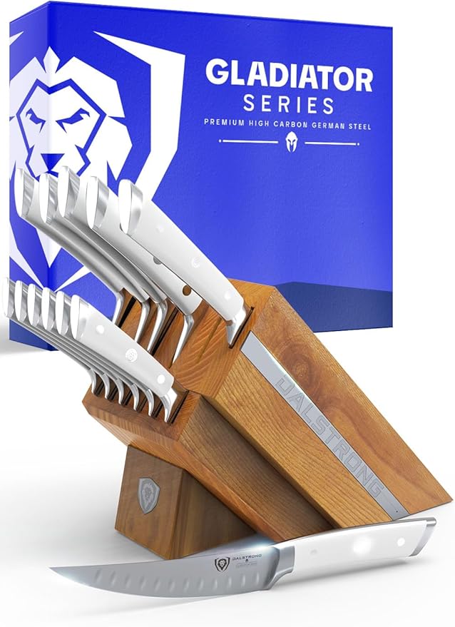 Dalstrong 12-Piece Knife Block Set - Gladiator Series Elite - White Handles - German HC Steel - Hand-Made Manchurian Ash Wood Block - NSF Certified