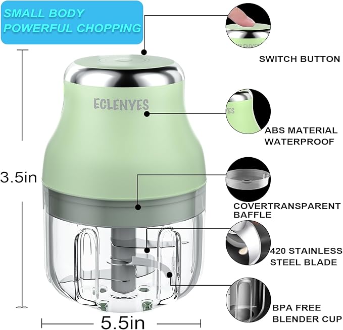 Vegetable Chopper, Electric Garlic Chopper, 250ML USB Rechargeable Mini Blender, Powerful Small Food Processor, Blender to Vegetable, Wireless Food Cutter for Ginger, Chili, Fruit, Meat, etc（Green）