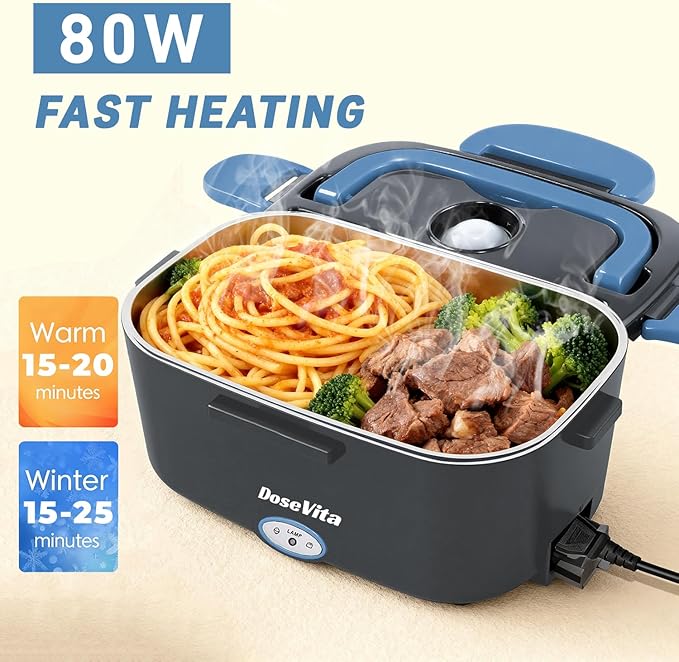 Electric Lunch Box for Adults, 80W Heated Lunch Box, 1.5L Stainless Steel Container | 12V/24V (Car/Truck) & 110V (Office/Home) | with Fork&Spoon and Insulated Carry Bag