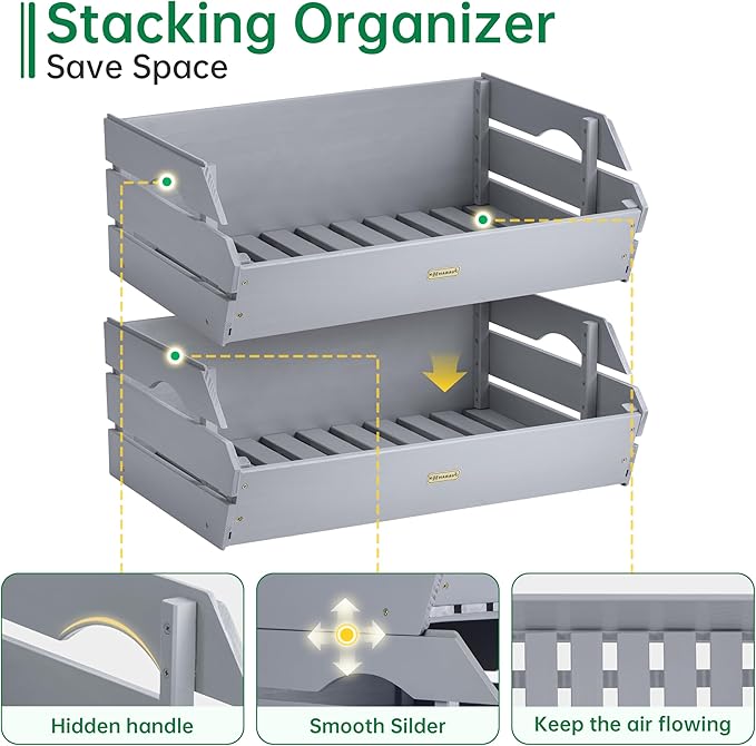 HABAU Wood Potato Onion Storage Bins - Wooden Stackable Produce Basket - Fruit Vegetable Storage for Kitchen Pantry Organization, Set 2 Pieces