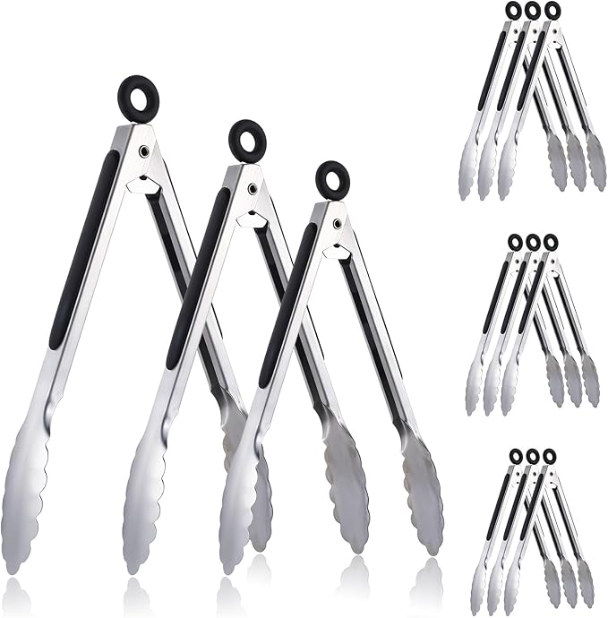 12 Pcs Stainless Steel Serving Tongs for Cooking, 7" 9" 12" Heavy Duty Metal Lockable Kitchen Salad Tongs Small Grill Tong for Food, BBQ, Toaster, Non-slip Grip