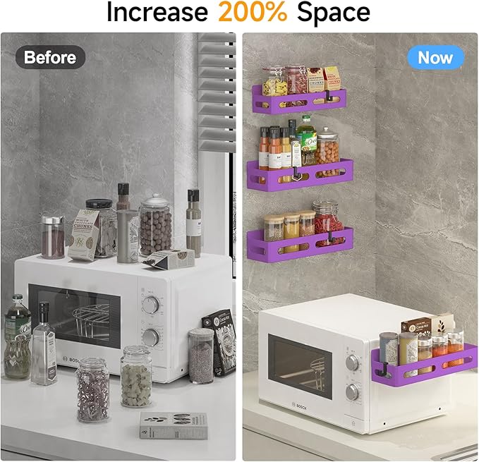 4 Pack Magnetic Spice Rack for Refrigerator, Spice Rack Organizer, Moveable Magnetic Shelf Fridge Organizer with 4 Hooks for Kitchen and Oven Organization, Purple