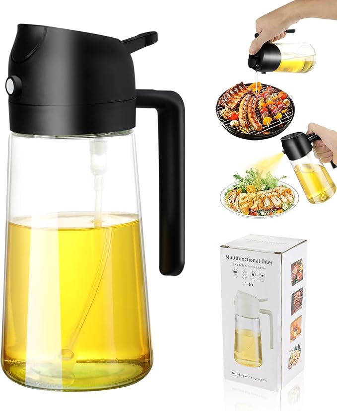 2-in-1 Glass Oil Dispenser & Sprayer - 16oz/470ml Leakproof Bottle for Cooking, Air Fryer, BBQ, Baking, Salad (Transparent Black 1PC)