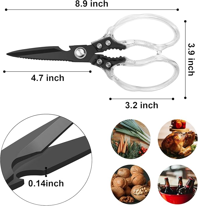 CGBE Kitchen Scissors, Multi-Purpose Kitchen Shears, Heavy Duty Dishwasher Safe Food Scissors for Chicken, Poultry, Fish, Meat & Herbs with Non-Slip Grips (Transparent Black)