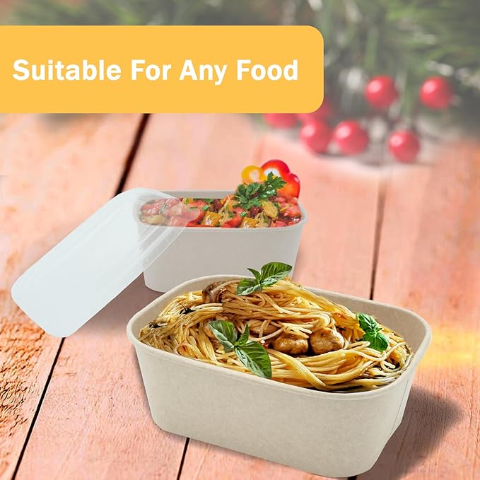 50 Pack 25 OZ Large Paper Bowls with Lids, Heavy Duty Disposable Compostable Container for Party, Disposable Bowls Bulk Soak-Proof and Microwave Safe for Hot/Cold Use