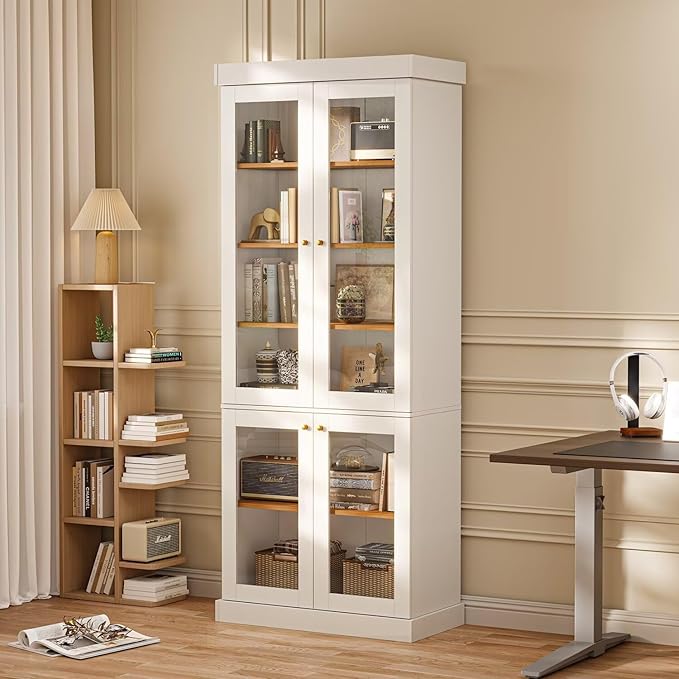 70.8" Bookshelf with Glass Doors, Farmhouse Modular Bookcase with 6-Tier Adjustable Shelves, Large Storage Cabinet for Living Room & Home Office, White