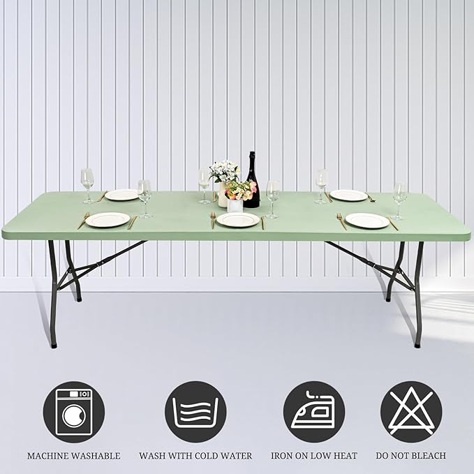 10 Pack Fitted Tablecloth for 6 Foot Rectangle Tables, Sage Green Elastic Outdoor Picnic Table Cover, Washable Stretch Folding Table Cloths 6 ft for Camping Party Patio Kitchen Banquet, 30" W x 72" L