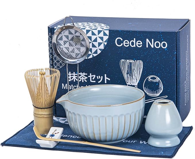 Matcha Whisk Set, Japanese Tea Ceremony Kit, 18oz Spout Bowl, Bamboo Whisk Scoop, Ceramic Holder Sifter Towel,7 pcs Matcha Tea Kit for Matcha Lovers, Christmas, Birthday Gift(Sky Blue)