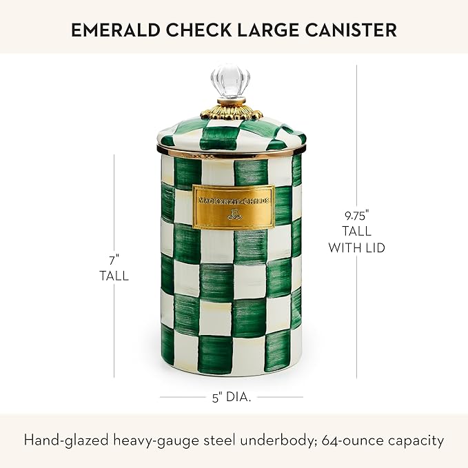MACKENZIE-CHILDS Large Enamel Canister, Kitchen Storage Container with Lid, Green-and-White Emerald Check