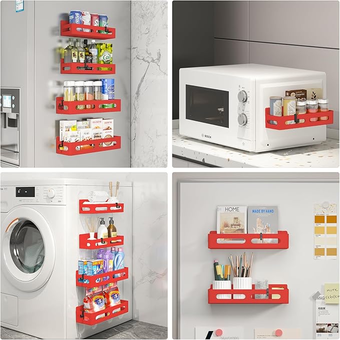 4 Pack Magnetic Spice Rack for Refrigerator, Spice Rack Organizer, Moveable Magnetic Shelf Fridge Organizer with 4 Hooks for Kitchen and Oven Organization, Red