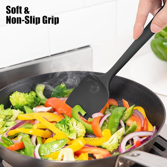 2-Piece Silicone Scraper & Spoon Spatulas: Doosu 600°F Heat Resistant Food Grade BPA Free Rubber Baking Flat Spatula Kitchen Cooking Spoonula for Mixing, Scraping, Folding, Stirring, Serving (Black)