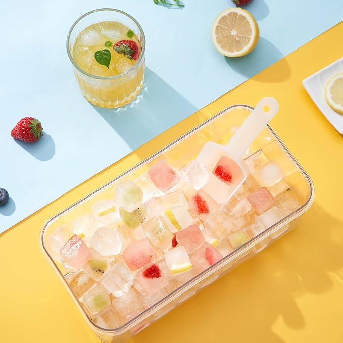 PHINOX Ice Cube Tray with Lid and Bin, 3 Pack Plastic Ice Cube Tray Molds, 96(4 * 8 * 3) pcs Ice Trays for freezer, Chilling Drinks, Whiskey & Cocktails, with Ice Container and Ice Scoop, BPA-Free