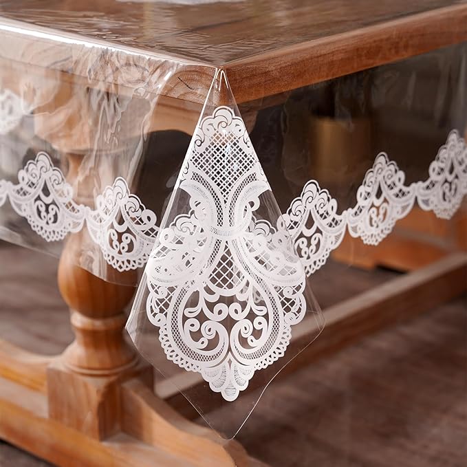 Clear Table Cover Protector Vinyl Table Cloth Rectangle with Lace Pattern Oil Spill Proof Vintage Rustic Plastic Table Covers for Dining Tables (White Lace, 52 x 70 Inches)