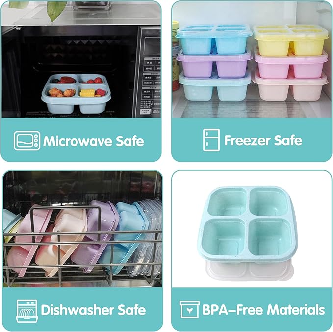 Finorder 3 Pack Wheat Straw Containers, 4 Compartment Reusable Snack Bento Box Toddler, Meal Prep Lunch Box Containers for Kids Adults, Food Containers for School,Office and Travel(Pastel Colored)