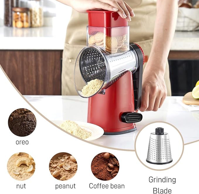 Rotary Cheese Graters with 4 Blades, Hand Crank Cheese Grater with Waffle Slicer, Red, Black and White Cheese Shredder with Suction Base, Easier for Shredding & Grating (Red, 4 Graters)