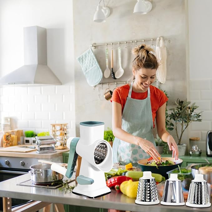 Rotary Cheese Grater with Suction Base,Multifunctional Kitchen Tool for Shredding,Grating,Slicing-Cheese Shredder Includes Cleaning Brush & Non-Slip Handle-Ideal Kitchen Gift for Home Cooks(white)