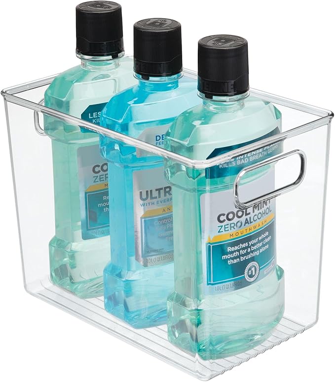 mDesign Plastic Deep Bathroom Storage Bin with Handles for Organizing Soaps, Shampoos, Conditioners, Body Wash, Serums, Oils, Supplements, Hair Styling Accessories, Ligne Collection - Clear