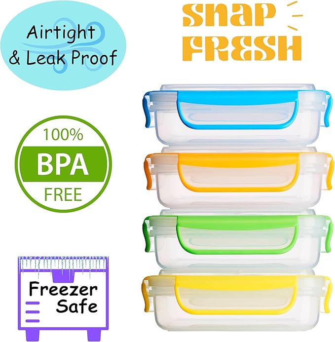 Snap Fresh - 4 Pack of Fun Size Sandwich Containers (450 ml) - Reusable, BPA Free Plastic, Snap & Lock Shut Lids and Silicone Seal. Great for Fruit, Salad, Lunch Box Snacks and Food Storage.