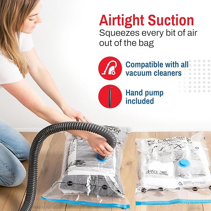 Spacesaver 16 Pack Roll Up Vacuum Storage Bags for Blankets & Clothes - Vacuum Sealed Compression Bags with Hand Pump - Space Saver Storage Bag for Bedding, Moving, Travel & Organization (8S & 8M)