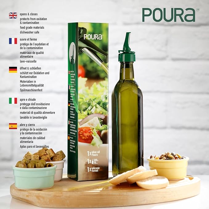 Poura Glass Olive Oil Bottle Drizzler with Pourer Spout - BPA Free Hygienic Open and Close Pourer Prevents Oxidation Keeping Olive Oil Fresh - Includes Funnel for No Mess Or Wastage