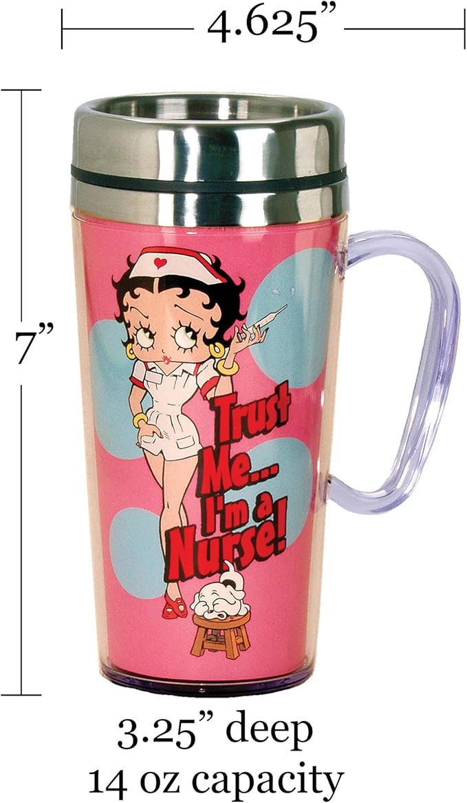 Spoontiques - Insulated Travel Mug - Betty Boop Nurse Coffee Cup - Coffee Lovers Gift - Funny Coffee Mug - 14 oz - Pink