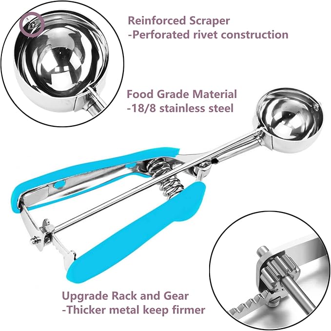 Ice Cream Scoop, 18/8 Stainless Steel Cookie Scoop, 5.3Tbsp/80ml/2.7oz Cookie Dough Scoop, Ice Cream Scooper with Trigger Release, Large Cookie Scooper (Blue)