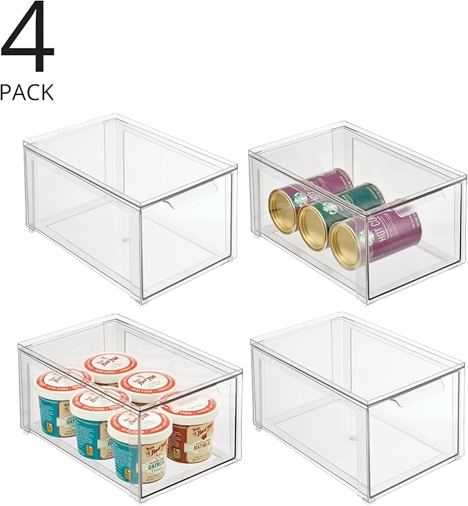 mDesign Plastic Pantry Organization and Storage Bin w/Pull Out Drawer - Stackable Kitchen Supplies Storage Container for Organizing Cabinet, Fridge, Freezer - Lumiere Collection - 4 Pack, Clear