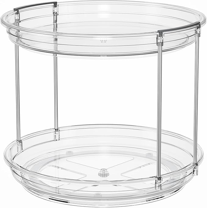 LAMU 2 Pack 2 Tier Lazy Susan Turntable Organizer 10.6'' Rotating Spice Rack Organization for Cabinet, Kitchen, Pantry, Countertop, Bathroom, Vanity, Medicine Cabinet Organizer, Clear