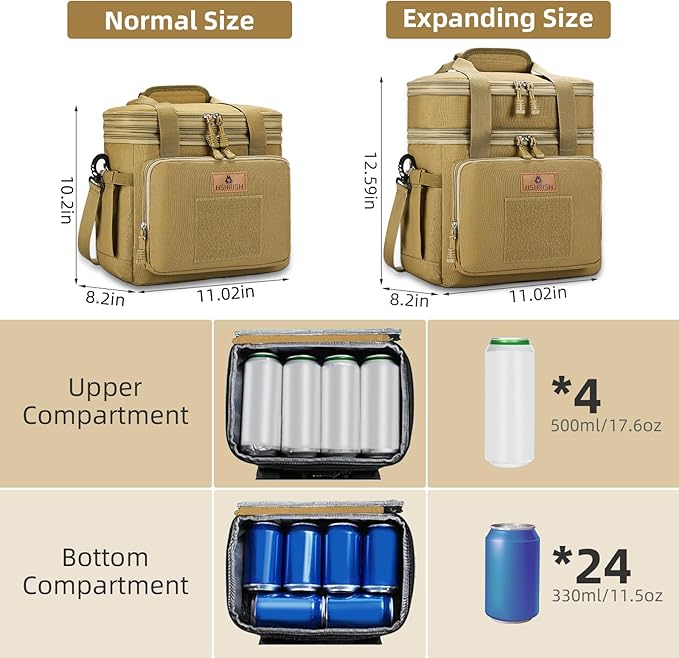 HSHRISH Lunch Bag, Large Expandable Lunch Box for Men, Durable Waterproof Leakproof Tactical Cooler Bag with Molle Webbing, lunch box for men Work Outdoor Picnic Hiking Camping, 24 Can/16 L, Brown