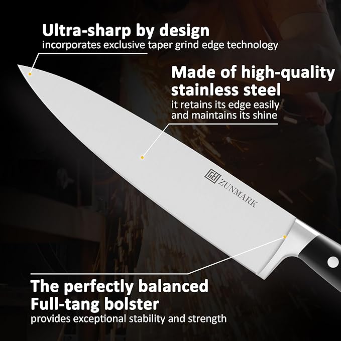 Knife Set, 7 Piece Sharp Chef Knife Set with Solid Wood Block, Unique One-Sided Magnetic Design, Full-tang Stainless Steel Knife Block Set for Home and Restaurants, Elegant Black