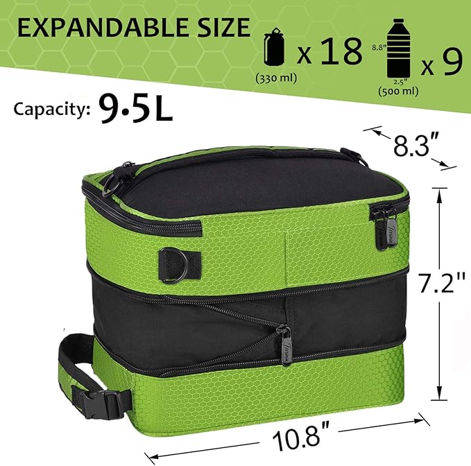 Tirrinia Expandable Insulated Lunch Bag for Men Women – Leakproof Reusable Cooler LunchBox for Kids & Adults with Shoulder Strap, Perfect for Work, School, Office, Travel,Green