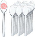 Prestee 100 Clear Plastic Spoons Bulk - Durable Disposable Plastic Silverware Spoons - Heat-Resistant Spoon Cutlery - Heavy Duty Flatware Pack - Disposable Silverware Utensil Set for Hot and Cold Food