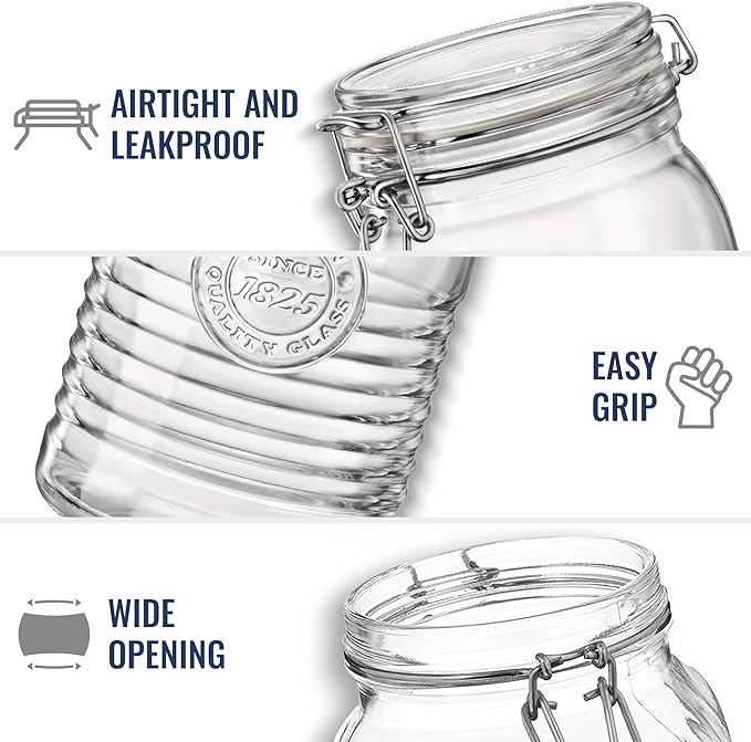 Bormioli Rocco Officina 1825, Set of 3 - Clear Glass Jars with Swing Top - Vintage Industrial Style Airtight Containers for Dry Food Storage, 33.75 Oz, 25.25 Oz, 17 Oz - Dishwasher Safe, Made in Italy