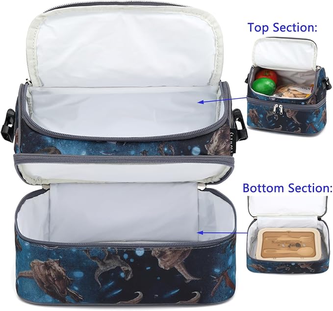FlowFly Double Decker Cooler Insulated Lunch Bag Large Tote for Boys, Girls, Men, Women, With Adjustable Strap, MyDinosaur