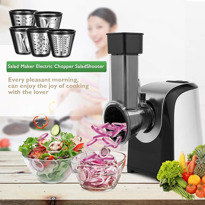 Homdox Electric Cheese Grater 5 in 1 Professional Electric Slicer Shredder 150W Cheese Grater One-Touch Control Salad Maker for Home Kitchen Use, Electric Salad Machine for Cheese, Fruits, Vegetables