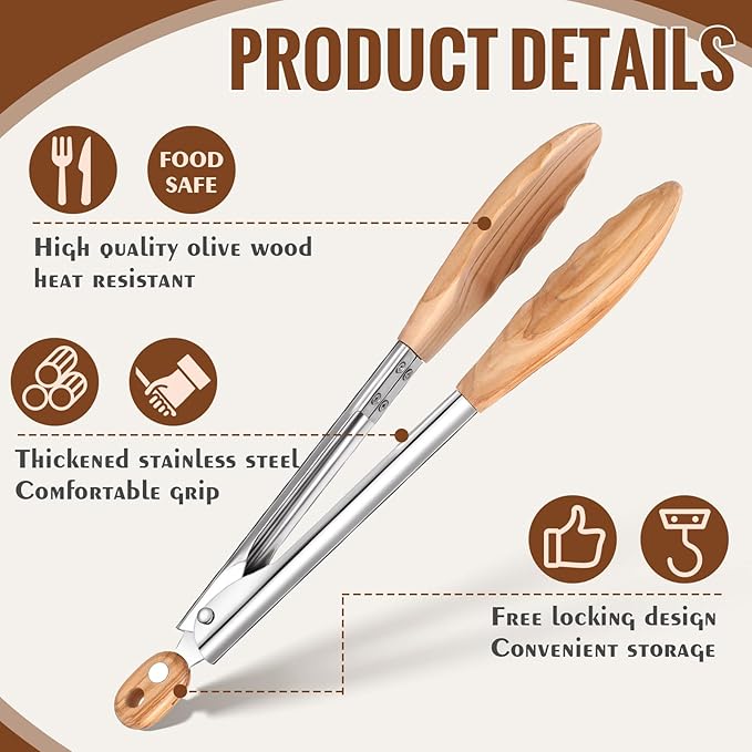 Baderke 2 Pcs Olive Wooden Kitchen Tongs for Cooking Wooden Utensil Set Salad Tongs with Wood Tips for Serving Salad Flipping Burgers Grilling and Much More, 11.4 Inch